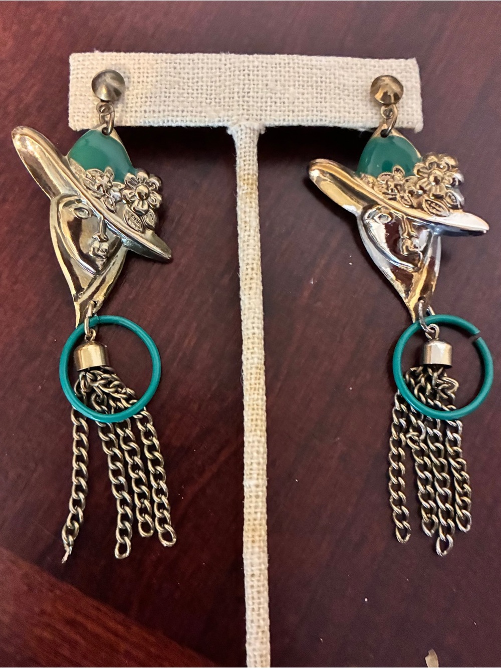 Gold-Tone & Teal Floral Hat Drop Earrings